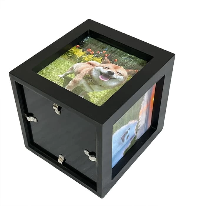Cube Wooden Pet Urn, Four Sides Photo Frame Urn