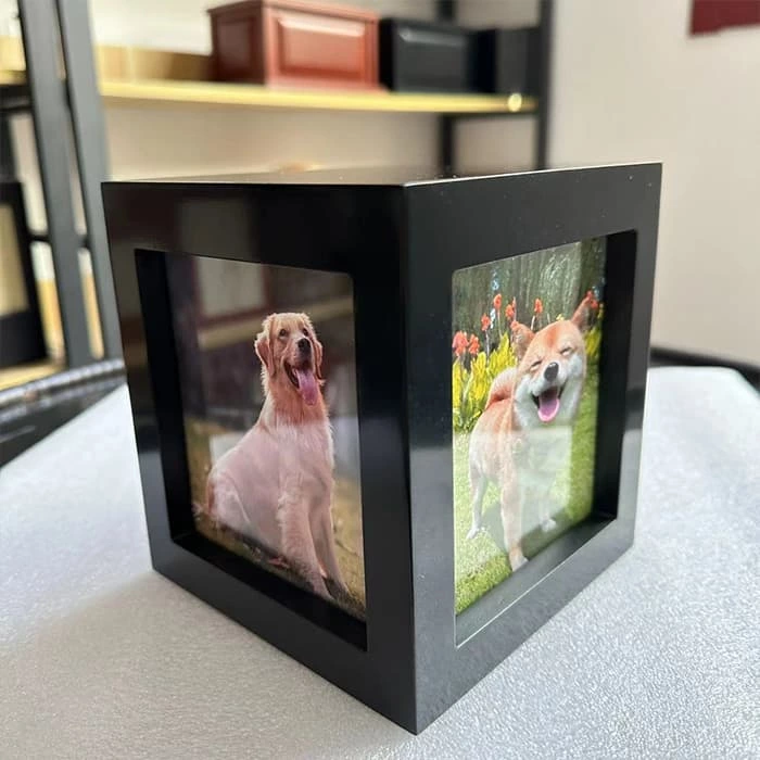 Cube Wooden Pet Urn, Four Sides Photo Frame Urn