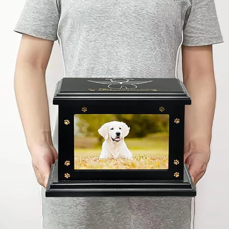 Wooden Pet Memorial Urn Box with Photo Frame Design, Funeral Cremation Urn for Dog or Cat Ashes