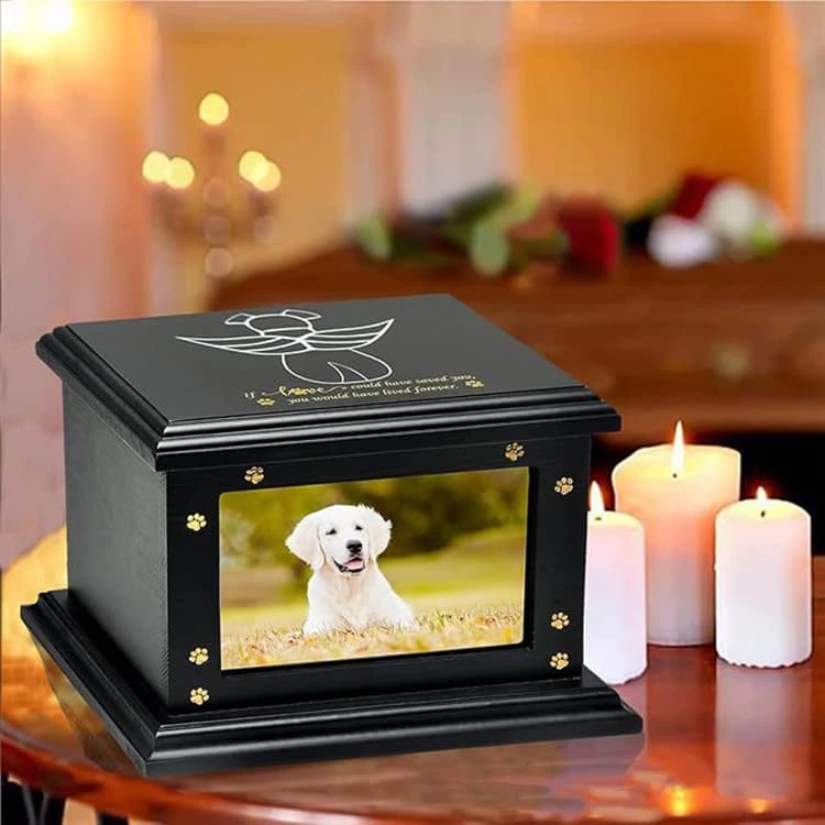 Wooden Pet Memorial Urn Box with Photo Frame Design, Funeral Cremation Urn for Dog or Cat Ashes