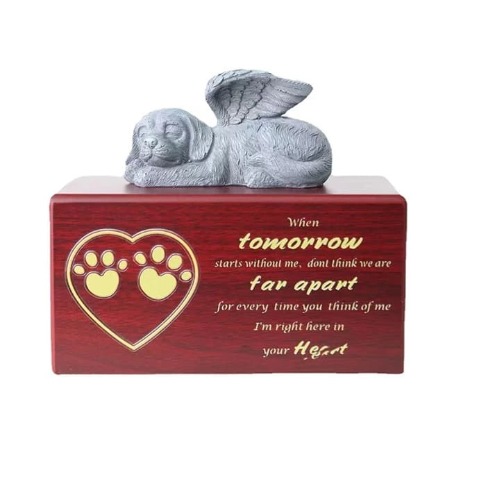 Small Keepsake Urns, Red Wooden Pet Urn with Flying Cat Brass Metal for Small Pets