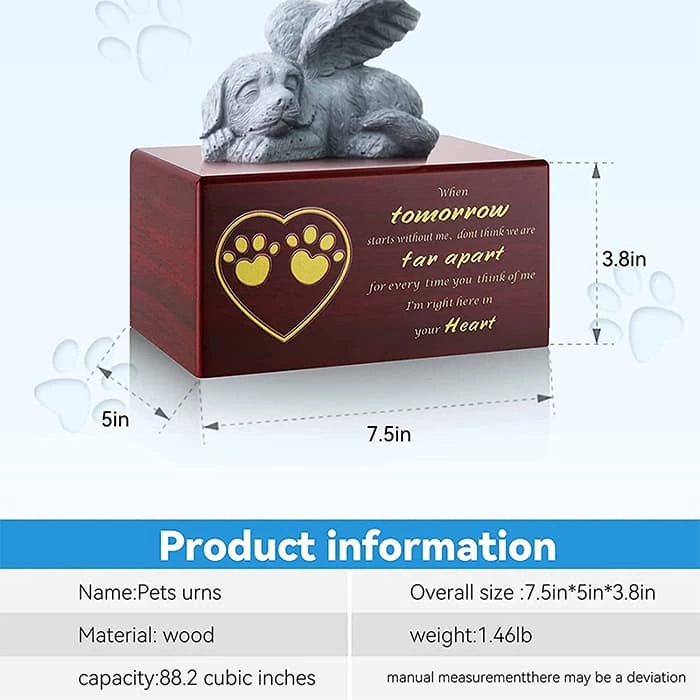 Small Keepsake Urns, Red Wooden Pet Urn with Flying Cat Brass Metal for Small Pets