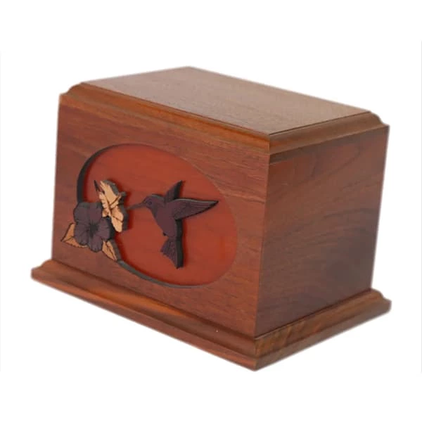 Handmade Wood Cremation Pets Urn wiith Inlay Flower Bird Pattern