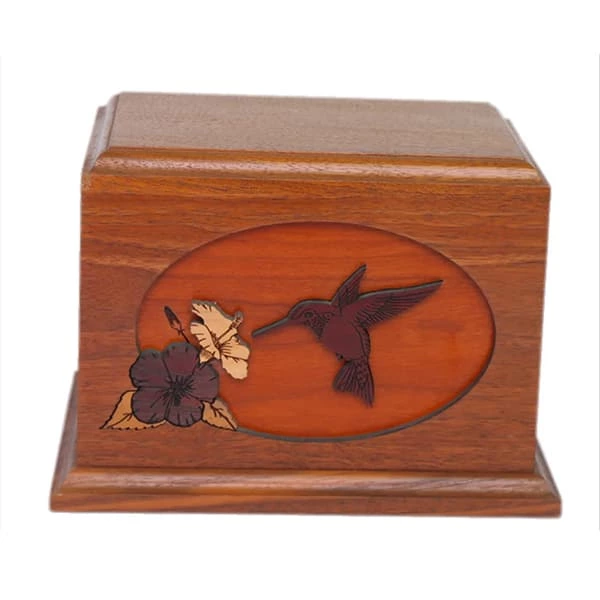 Handmade Wood Cremation Pets Urn wiith Inlay Flower Bird Pattern