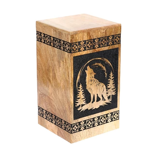 Wolf Howling Pattern Wooden Urn for Human Ashes