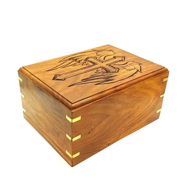 Handmade Wood Cremation Urns Cross with Angel Wings Pattern
