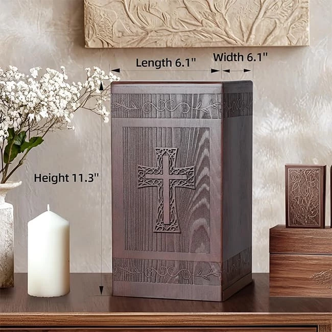 Wooden Urn for Human Ashes Carved Cross Pattern
