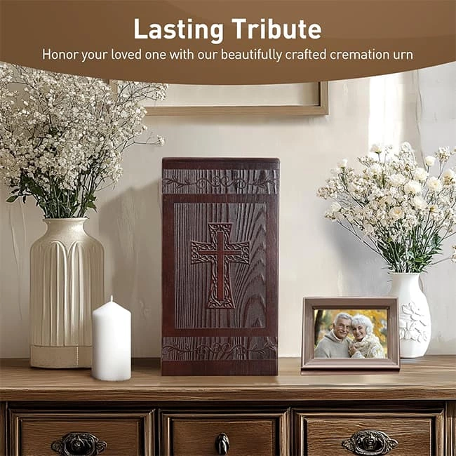 Wooden Urn for Human Ashes Carved Cross Pattern