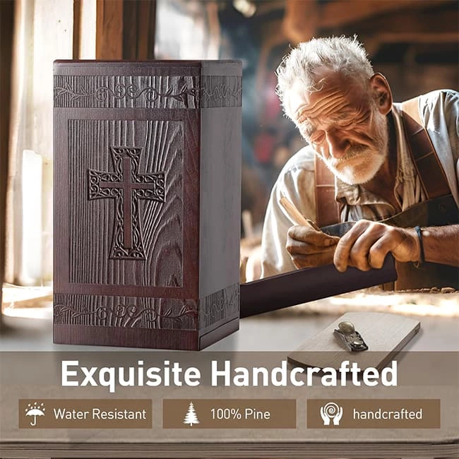 Wooden Urn for Human Ashes Carved Cross Pattern