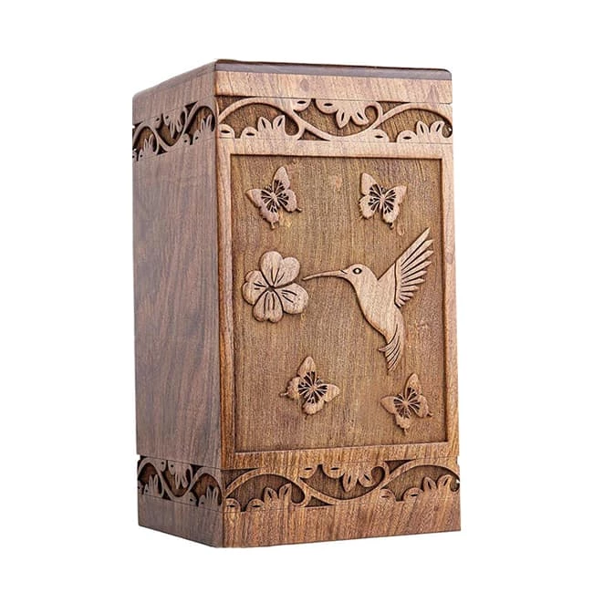 Hummingbird Pattern Engraved Wooden Cremation Urn