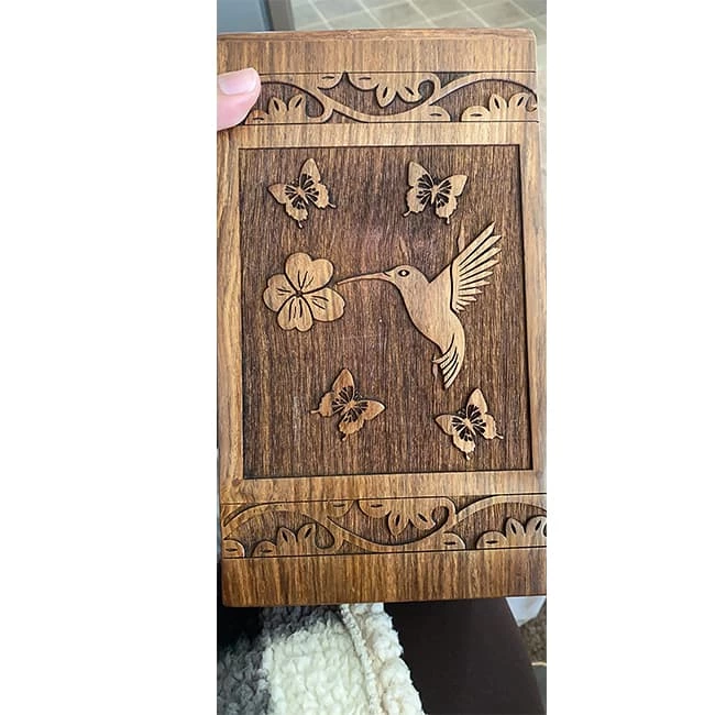 Hummingbird Pattern Engraved Wooden Cremation Urn