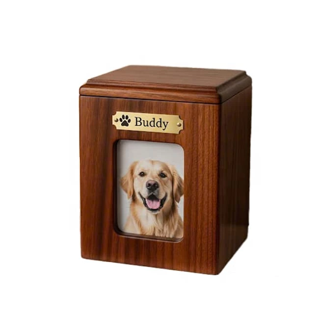 Wooden Pet Urn with Photo Frame and Nameplate Memorial Keepsake Box