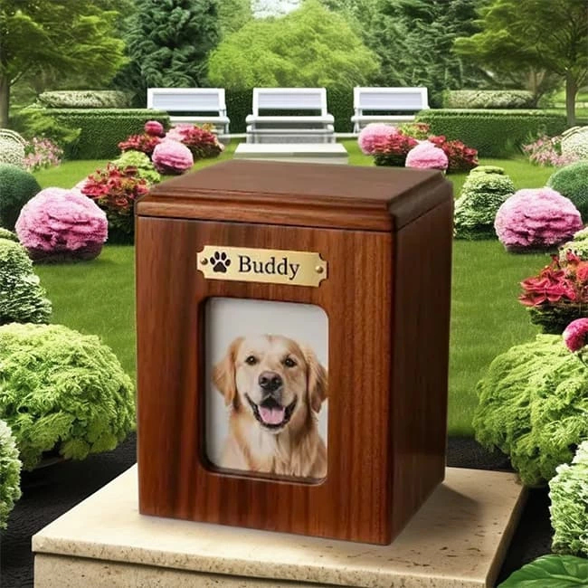Wooden Pet Urn with Photo Frame and Nameplate Memorial Keepsake Box