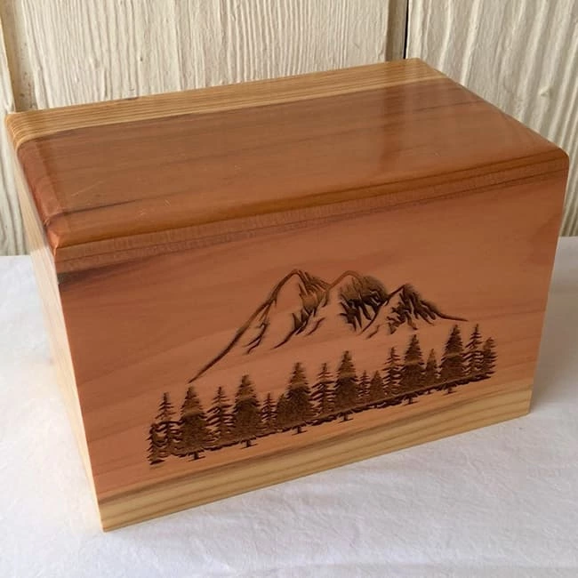 Redwood Wood Cremation Urn with Mountain and Trees