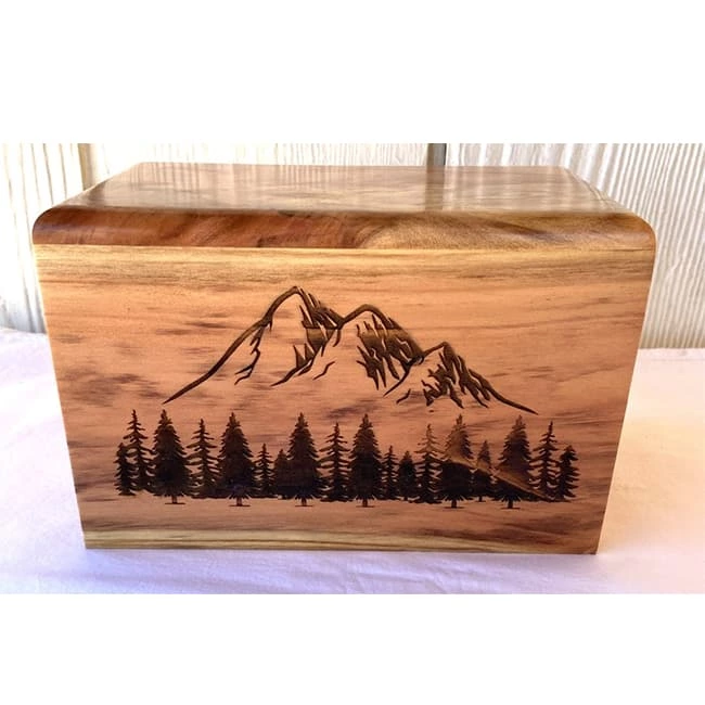 Redwood Wood Cremation Urn with Mountain and Trees