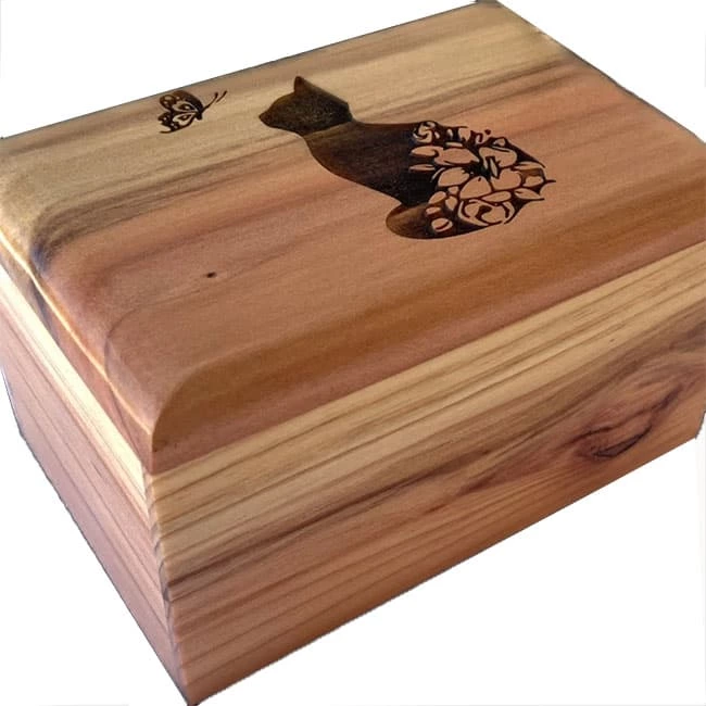 Engraved Cat Pattern Wooden Cremation Urn
