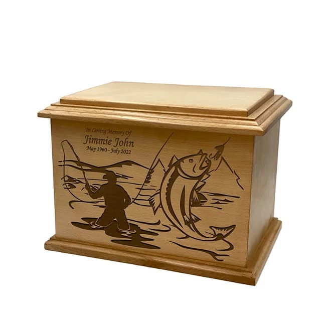 Engraving Fisherman Pattern Cremation Urn Wooden