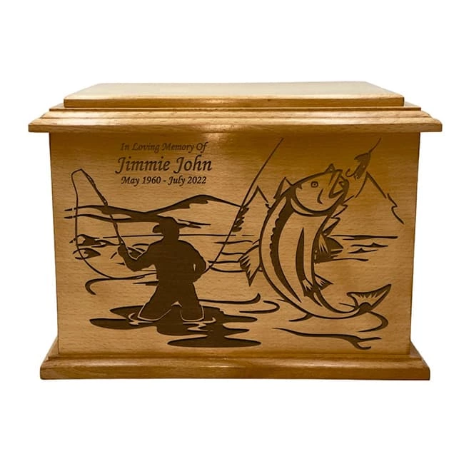 Engraving Fisherman Pattern Cremation Urn Wooden