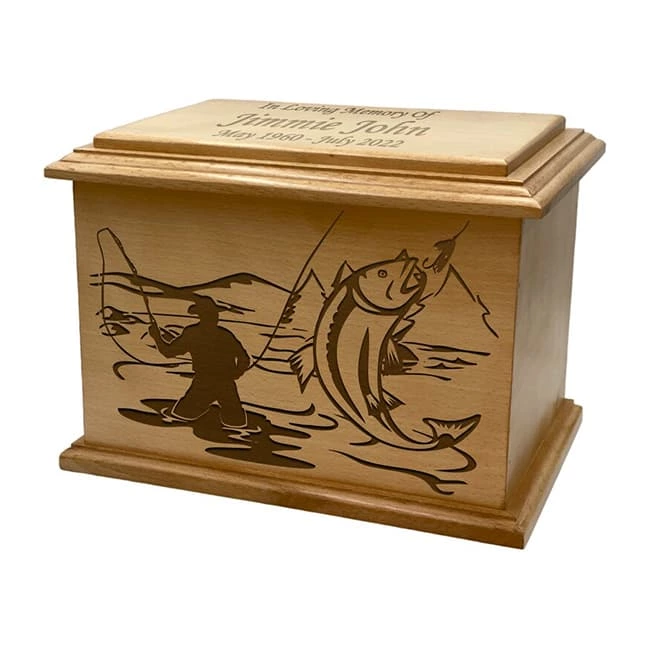 Engraving Fisherman Pattern Cremation Urn Wooden