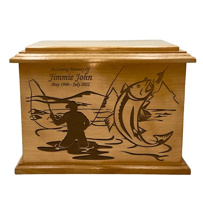 Engraving Fisherman Pattern Cremation Urn Wooden