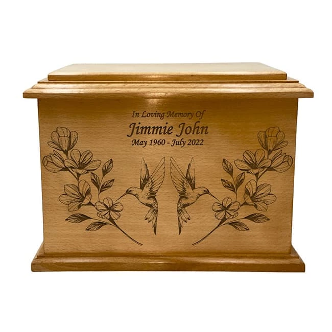 Floral Hummingbird Design Pattern Wooden Funeral Urn Box