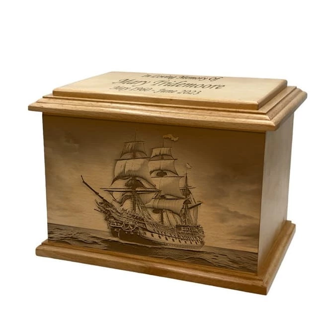 Pirate Ship Drive Ocean Pattern Wooden Funeral Urn