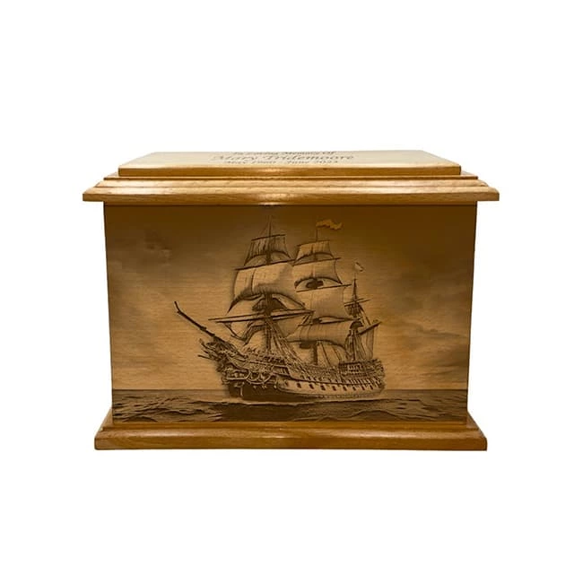 Pirate Ship Drive Ocean Pattern Wooden Funeral Urn