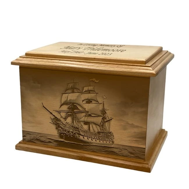 Pirate Ship Drive Ocean Pattern Wooden Funeral Urn