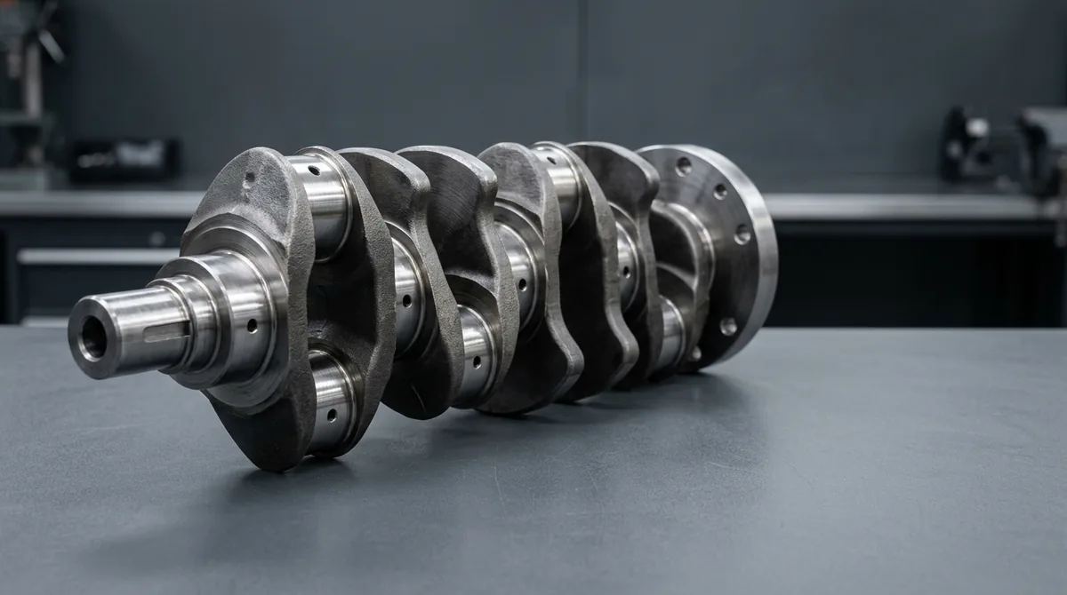 Forged steel multi-cylinder diesel engine crankshaft with counterweights, ground main journals, oil passages and the rear flywheel flange