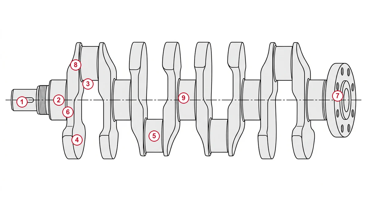 Labelled diagram of a diesel engine crankshaft showing the front nose and keyway, main journal, crank web, counterweight, crankpin, fillet radius, rear flywheel flange, oil passage and centre axis