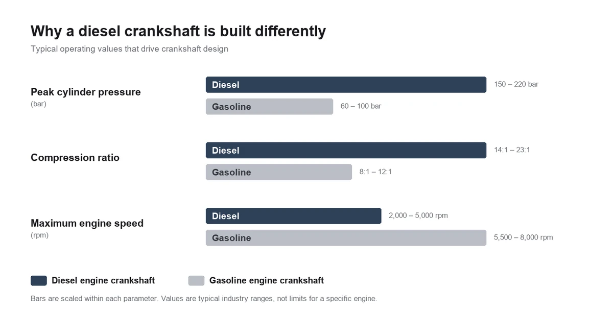 Chart comparing diesel and gasoline engine crankshafts by peak cylinder pressure, compression ratio and maximum engine speed