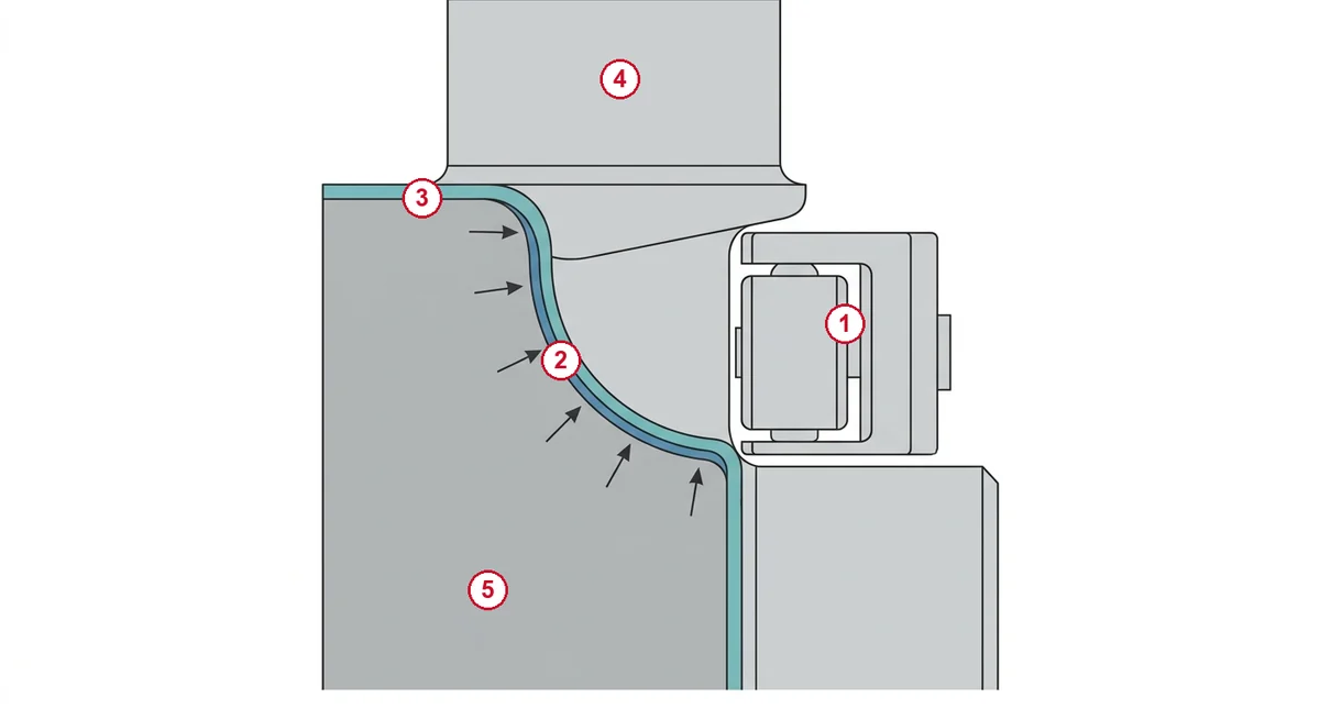 Fillet rolling a diesel crankshaft: deep-rolling roller, fillet radius, compressive residual stress layer, crankpin journal and crank web