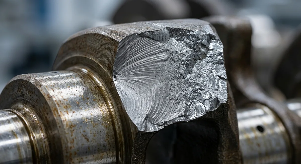Bending fatigue fracture at the fillet of a broken diesel engine crankshaft showing beach marks and a final overload zone