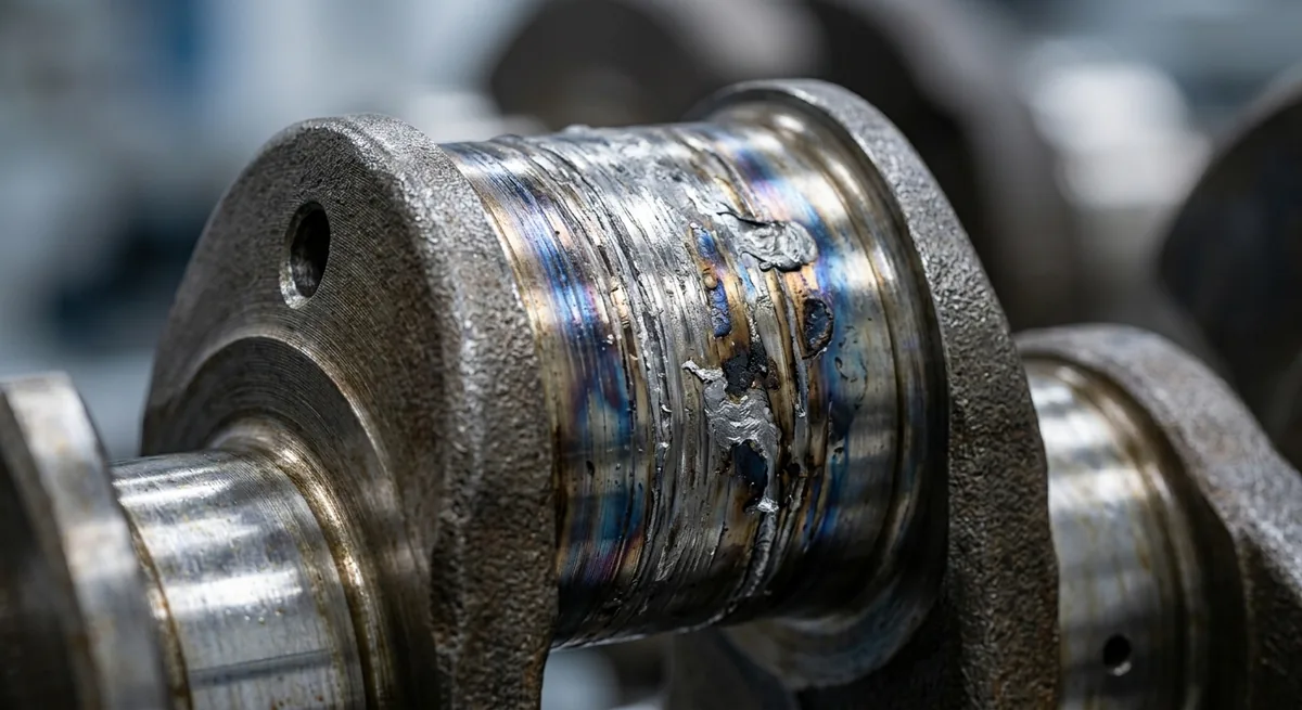 Scored and heat-discoloured diesel engine crankshaft journal damaged by oil starvation and bearing seizure