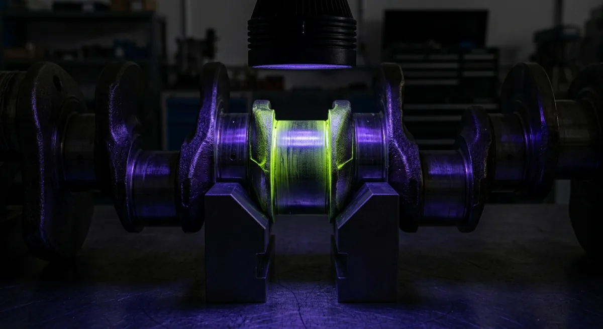 Magnetic particle inspection of a diesel crankshaft under UV light showing a fluorescent crack indication at the journal fillet