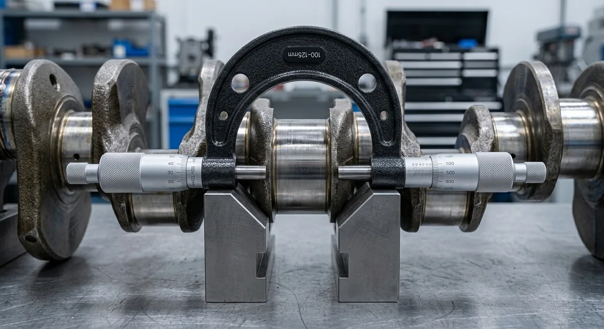 Outside micrometer measuring the main journal diameter of a diesel engine crankshaft supported on V-blocks